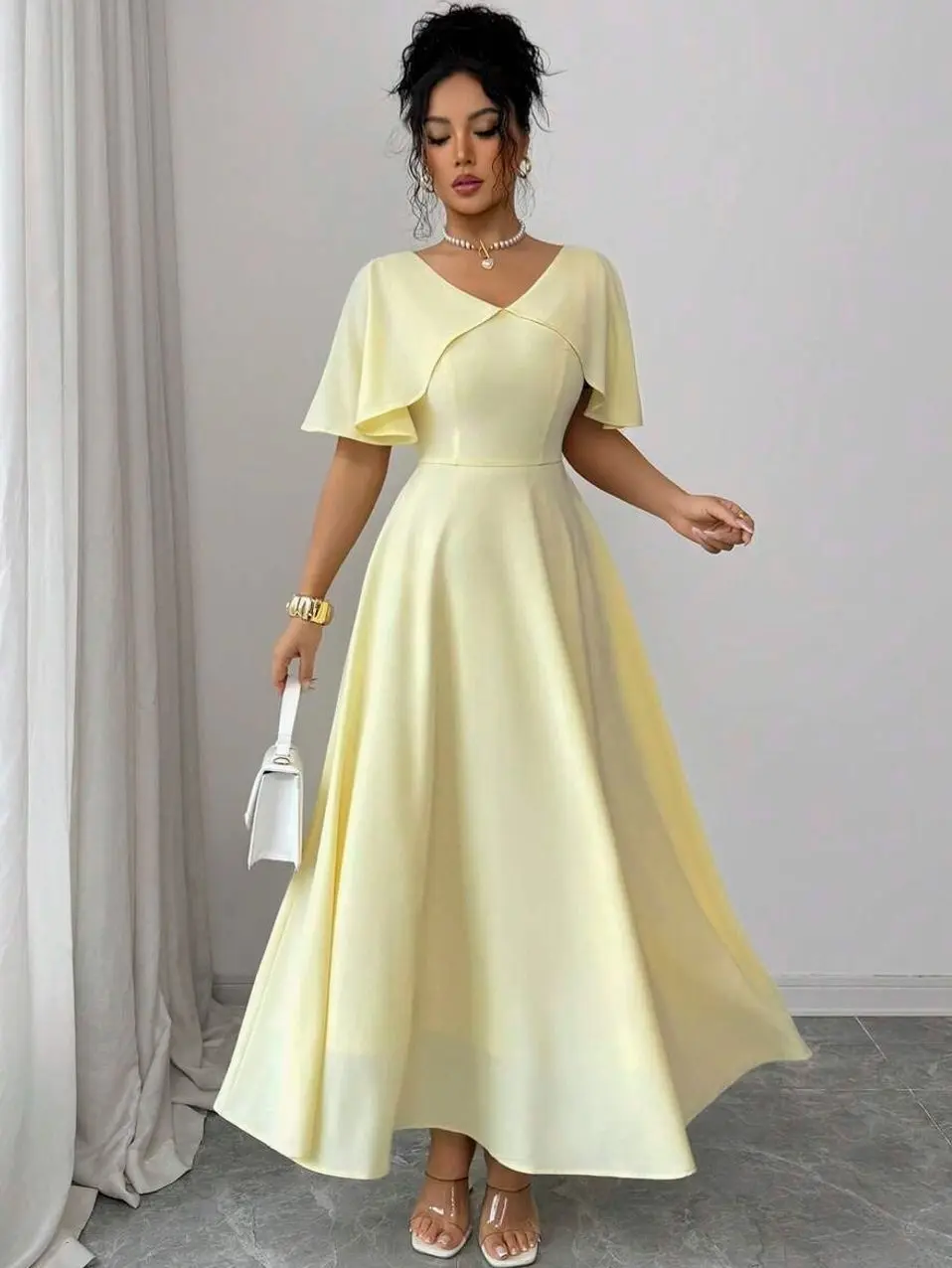 💛 Women's Pale Yellow A-Line Dress, Elegant French Tea Party Dress With Ruffle Sleeves For Summer Weddings And Vacations.