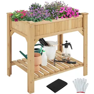 【Mother's Day Gift 】Yaheetech Raised Garden Bed with Grow Grid,  8-Pocket Wood Elevated Garden Planter with Fabric Liner, Protective Gloves for Small Spaces Light Brown, 36.5'' H x 24.5'' W x 36'' L