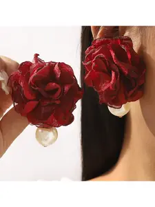 Vintage Hong Kong style, elegant organza, burn-edge fabric, handmade camellia flowers, versatile and sweet, imitation pearl earrings, Faux Pearl Jewelry