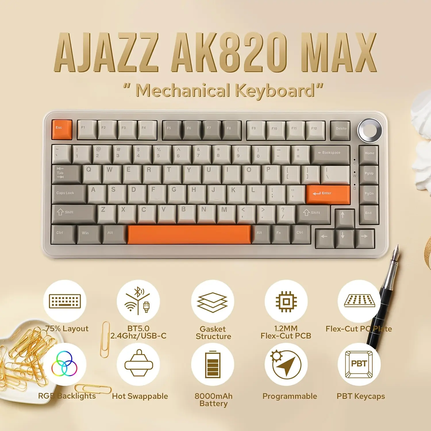 AJAZZ AK820 MAX 75% Custom Mechanical Keyboard - 82-Key Hot-Swap Gasket Mounted Keyboard, 8000mAh Tri-Mode Wireless, Linear Flying Fish Switches, PBT RGB Backlit, Metal Volume Knob, for Gaming, Personal Computers, Mac/Windows, Keyboards For Gaming