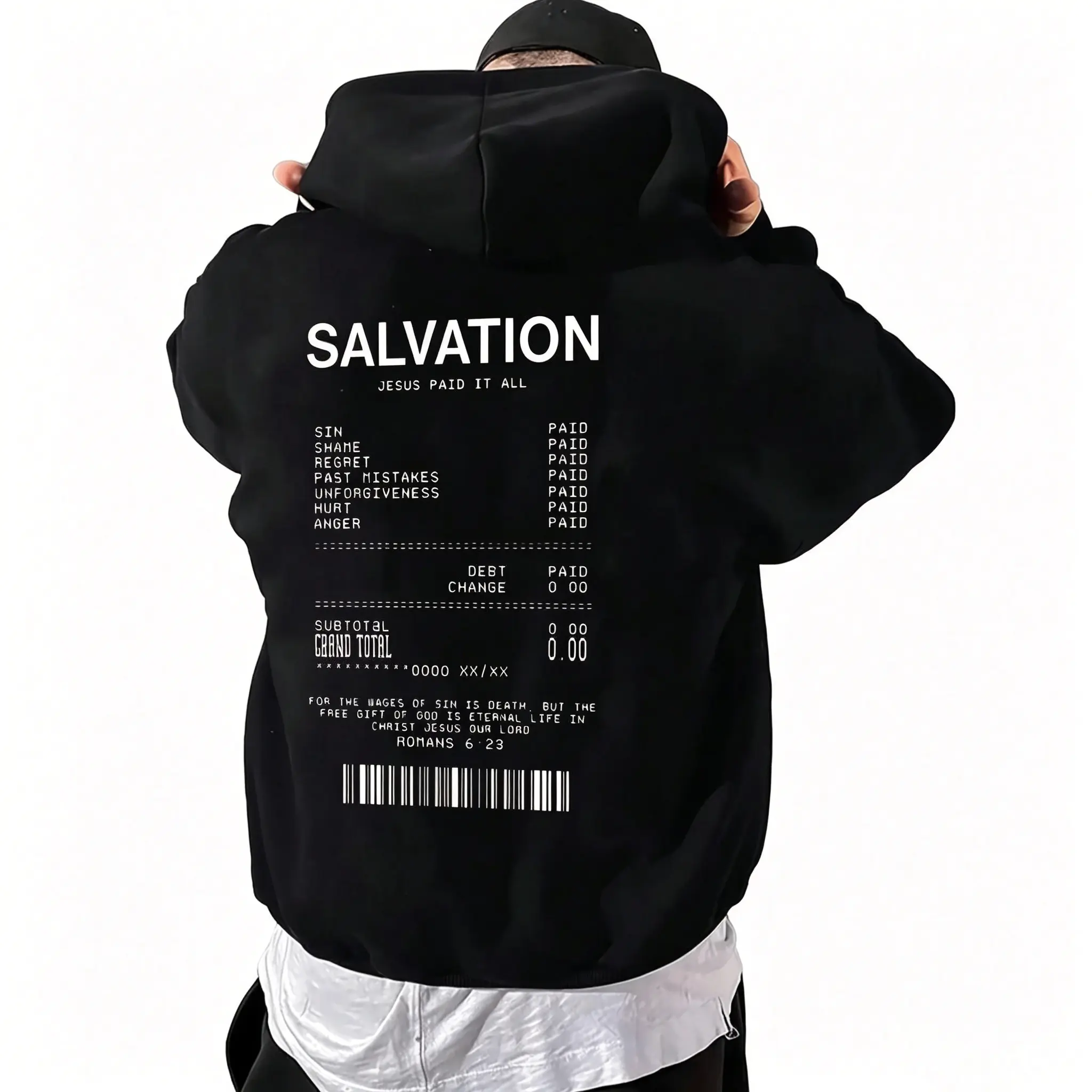 Men's Biblical-Themed "Jesus Paid It All" Receipt Hoodie - Comfy Cotton-Polyester Longsleeves Tops, Breathable Soft Fabric, Casual Day Sweatshirts