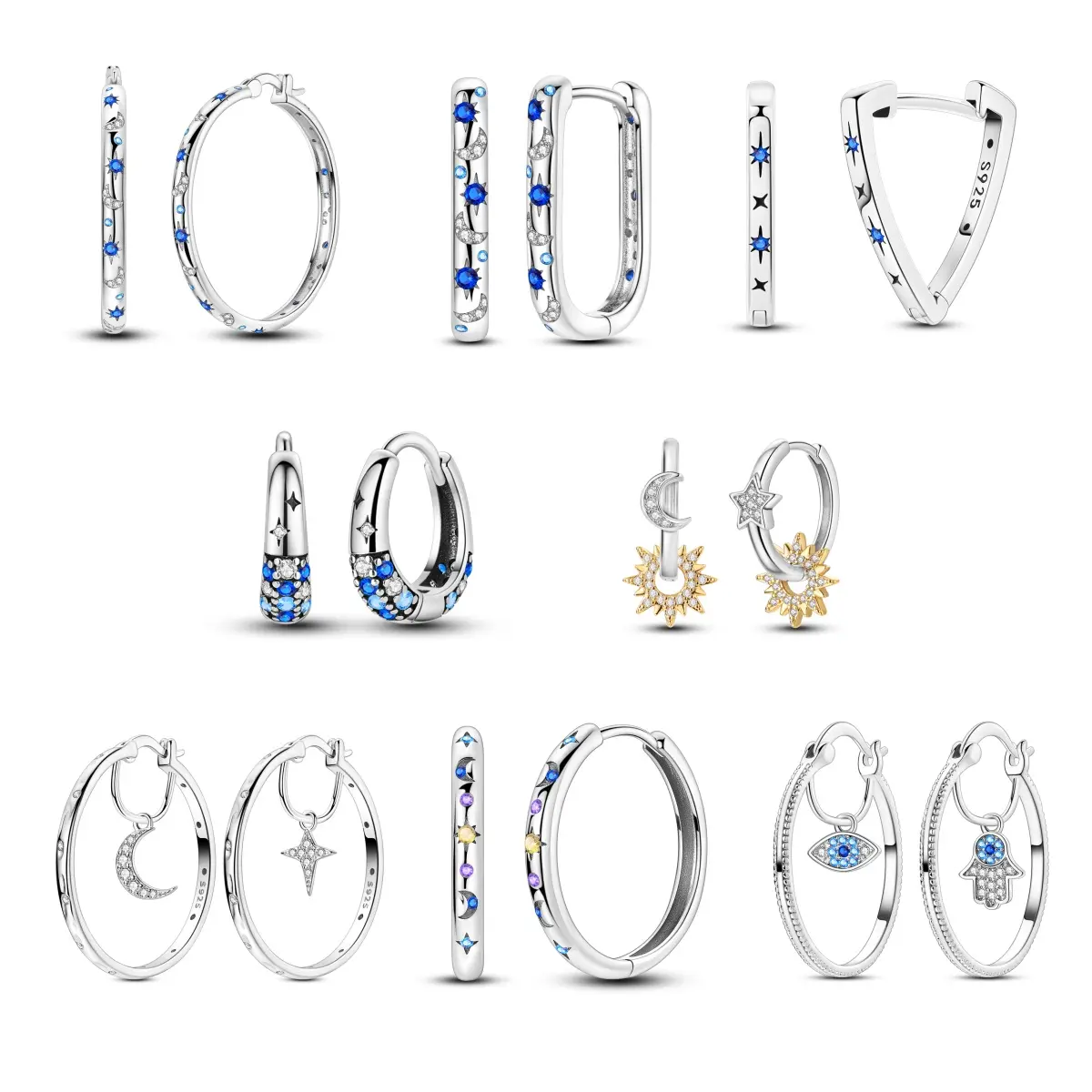 NARMO Mystical Starry Sky & Religious Symbol Earrings with Zirconia | Moon, Star, Evil Eye & Hamsa Hand Designs | Silver & White Gold Plated | Perfect Gift for Her