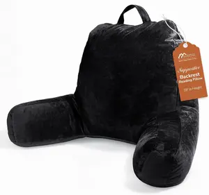 Sasttie Reading Pillow, Velvet Back Pillow for Bed Sitting Up, Adult Back-Rest Support Cushion with Arms for Sit Up on Couch, Sofa, and Floor, Dorm Essentials, Reading Accessories, Black