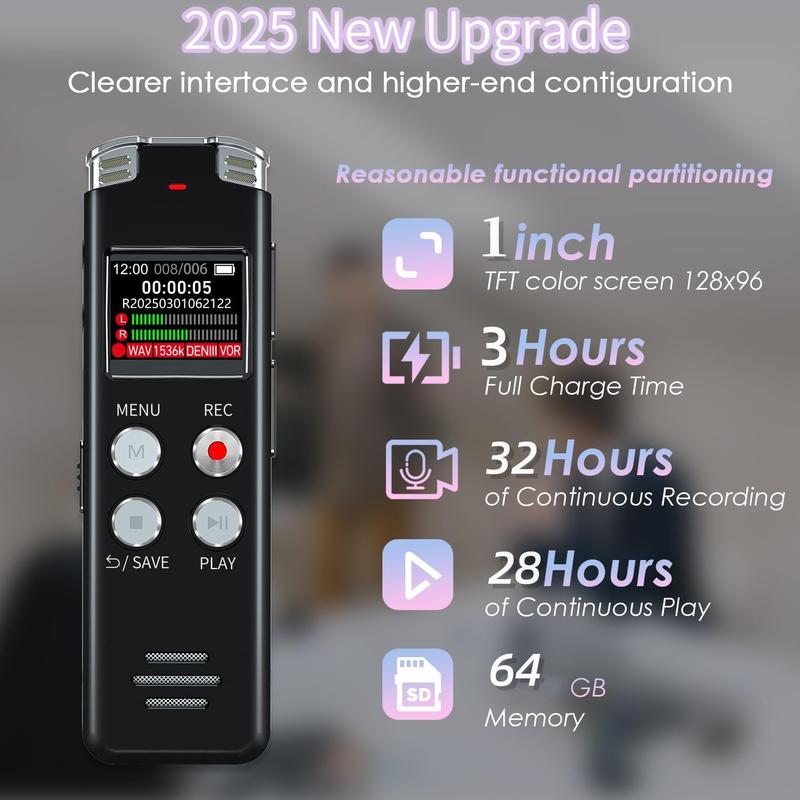 64GB Digital Voice Recorder with Playback: Voice Activated Recorders for Lectures Meetings Interviews - Dictaphone Recording Device Tape Recorder Portable Mini, Audio Recorder with USB, MP3,Smart Voice Recorder with Screen Display