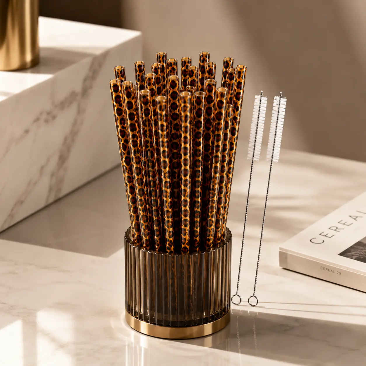 Wild Safari Birthday Party Bulk 20/40/60 Reusable Cheetah Straws Plastic Leopard Straws With Cleaning Brush For Tumblers