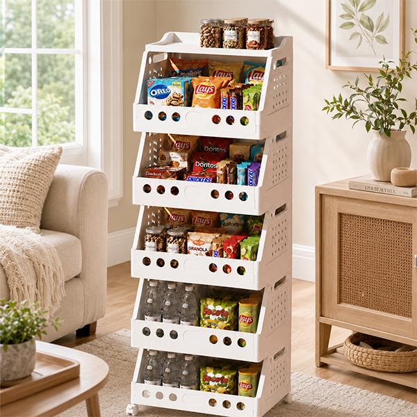 UFORU 2-5 Tier Stackable Rolling Cart with Wheels - Foldable, Freely Combinable Plastic Organizer Rack for Room Storage, Small Room Organization Products, Apartment Accessories, Keeps Home Tidy (Kitchen, Bedroom Use)