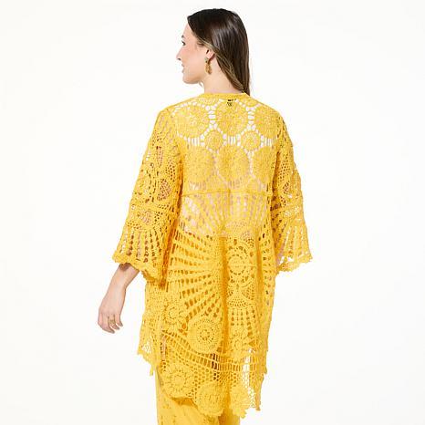 Nina Leonard Bell-Sleeve Open Front Crochet Cardigan