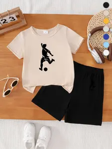Summer Boys' T-Shirt Short Sleeve + Loose Shorts Set, Athletic, Silhouette Design, Casual Cartoon Style, Comfortable Outdoor Playwear