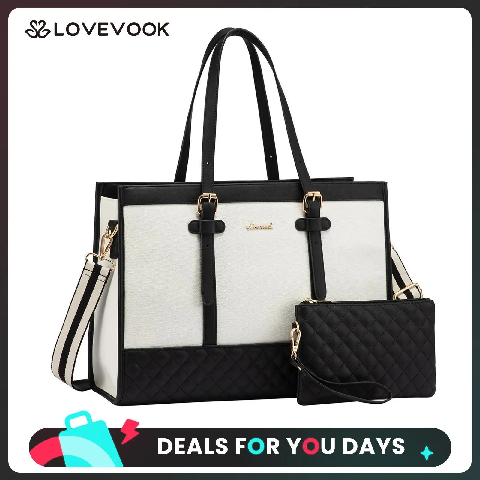 LOVEVOOK Laptop Tote Bag with Clutch Purse, Canvas Computer Bag Office Briefcase, Casual Handbag for Travel, Crossbody for College, Teacher, School DealsForYouDays