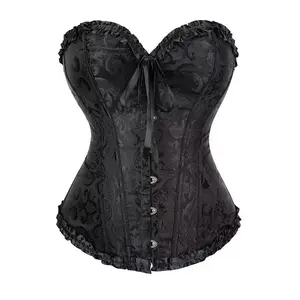 Corsets Country Sexy Lady Black Brocade Corset with Ruffles and Lace-Up Front for Women