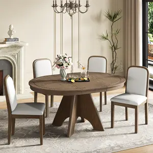 TREXM Vintage Extendable Dining Table Set for 4-6 with 4 Upholstered Chairs 42 to 58-Inch Rustic Farmhouse Kitchen Table Set with Distressed Finish Espresso Solid Wood MDF