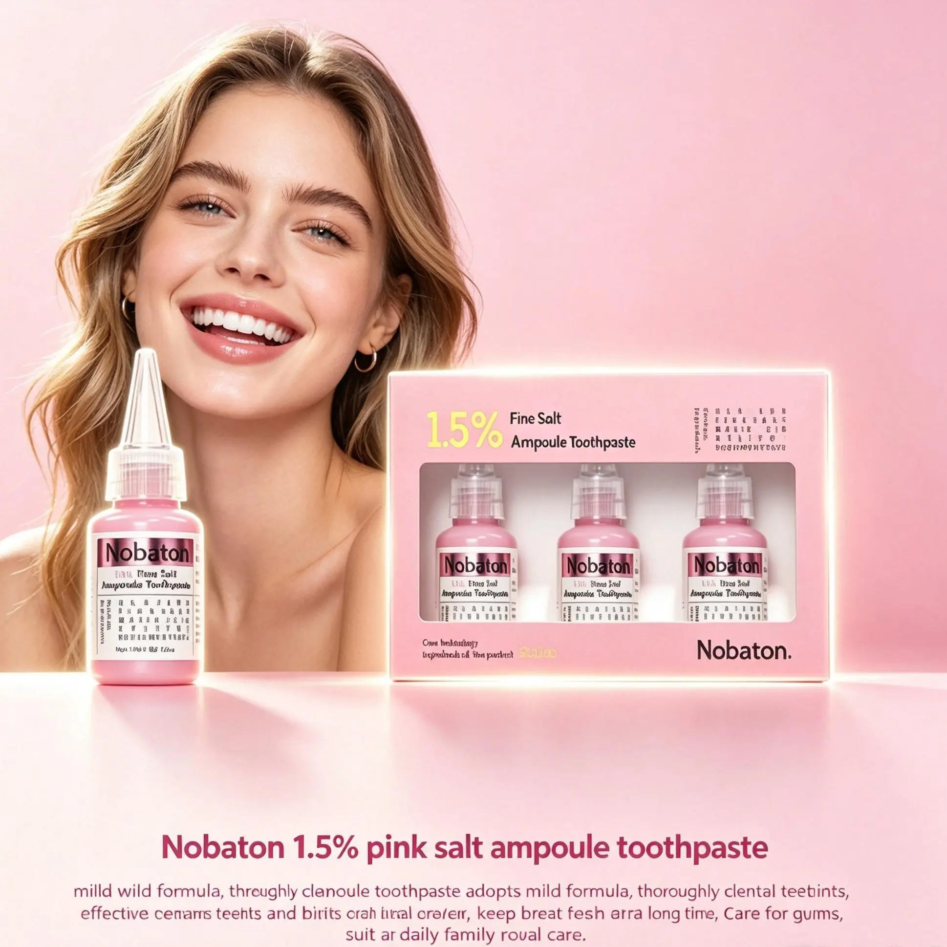 Nobaton 1.5% Pink Salt Ampoule Toothpaste - Teeth Whitening, Breath Freshener, Prevents Bad Breath, Naturally Derived, Stain Removal, Mild Formula, Sealed At-Home Dental Care, Pearly Whites Support, For Morning & Night Brushing