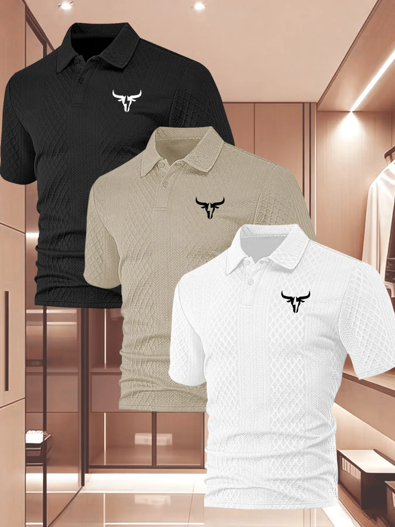 Men's Chic Fashion Casual Polo Shirt Inspired by Bull Head Pattern, Short Sleeve Graphic Design, Elastic Fit, Perfect for Summer Sports & Casual Activities, Printed Polo Shirts, Menswear Top