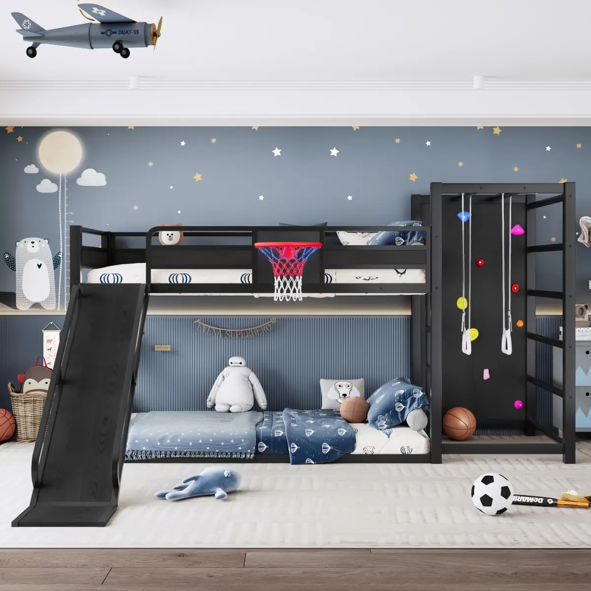 Twin XL Metal Loft-Bunk Bed (6 in, 111.8"L x 41.7"W x 62.2"H, 162.04 lbs, 350 lbs Capacity) - Kids' Bed Frame with Basketball Hoop, Pull-Up Rings, Climbing Wall, Built-In Bookshelves, Slide, Black, Assembly Required