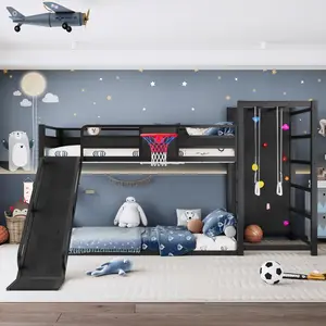 Twin XL size metal loft/bunk bed with basketball hoop, pull-up rings, climbing wall, and built-in bookshelves.Playful children's design featuring a slide,Black.