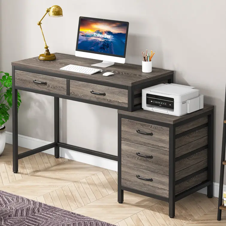 Tribesigns Industrial Computer Desk with 5 Drawers, Home Office Desks with Reversible Drawer Cabinet Printer Stand, Rustic Study Writing Table Worksta