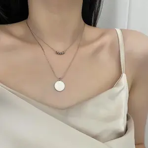 Titanium Steel Double Layered Necklace with Engraved Charm and Beaded Detail for Everyday Wear