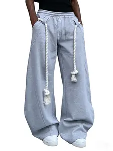 Men's Streetwear Baggy Wide Leg Sweatpants, Athleisure Style Bottoms, Casual Sporty Loose Fit Track Pants, Workout Pants with Extra Long Thick Drawstring, Comfortable Joggers for Daily Wear