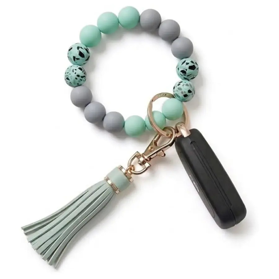 Women's Minimalist Solid Silicone Beaded Round Key Ring Bracelet - Tarnish-Resistant, Hands-Free Car Keychain Holder Wristlet Bangle for Anniversary Gifting