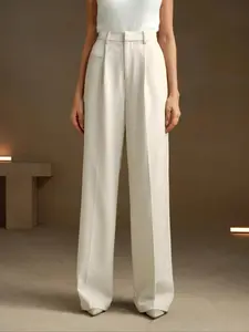 Women's Solid Pocket Straight Leg Pants, Elegant Fashion Casual Trousers for Work Office Business, Ladies Bottoms for All Seasons