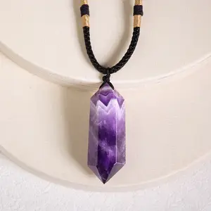 Amethyst Crystal Hexagonal Point Pendant Healing Chakra Women Men Necklace Gifts