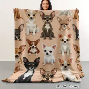 1pc Vintage Watercolor Chihuahuas Pattern Flannel Blanket - All-Season Cozy Sofa Bed Throw, Machine Washable Soft Lightweight Blanket for Women, Pet Lovers Home Decor, Cute Blanket, Playful Design, Smooth Texture, 2D Flat