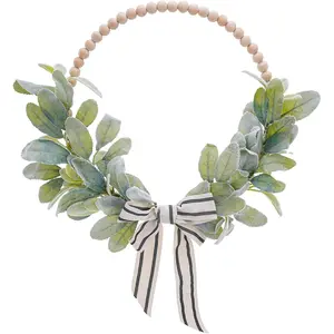 Wood Bead Lambs Ear Wreath - 13 Inch Artificial Greenery Leaf Wreaths Boho Wall Decoration for Summer Natural Home Farmhouse Porch Indoor Wedding