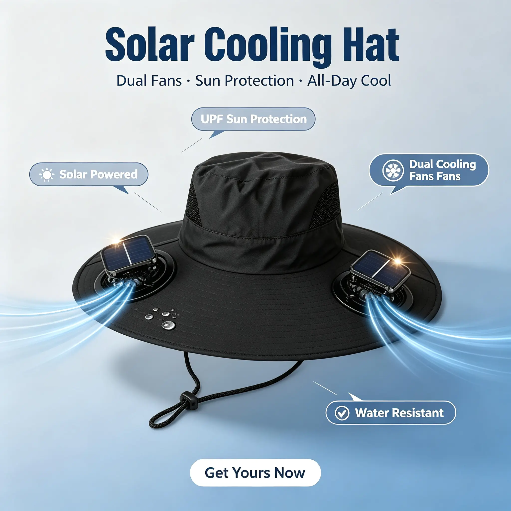 Solar Powered Fan Hat for Men & Women, UPF 50+ Wide Brim Cooling Sun Hat with Dual 3-Speed Fans, Solar & Type-C USB Rechargeable, Breathable Water-Resistant Bucket Hat for Fishing, Gardening, Hiking, Camping, Beach, Golf & Outdoor Work