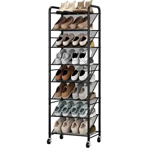 8-Tier Narrow Shoe Rack with Lockable Wheels, Double-Sided Vinyl Mesh Shelf Shoe Organizer for Up to 30 Pairs, Slim Space Saving Metal Rolling Shoe rage for Entryway, Closet, Hallway