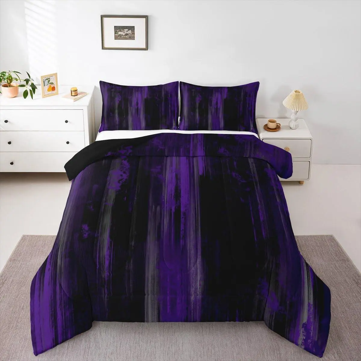 Abstract Comforter Set All Season Modern Abstract Art Bedding Set Purple Gray Black Microfiber Bedclothes Luxury Bedroom Decor Duvet Quilt Soft Lightweight