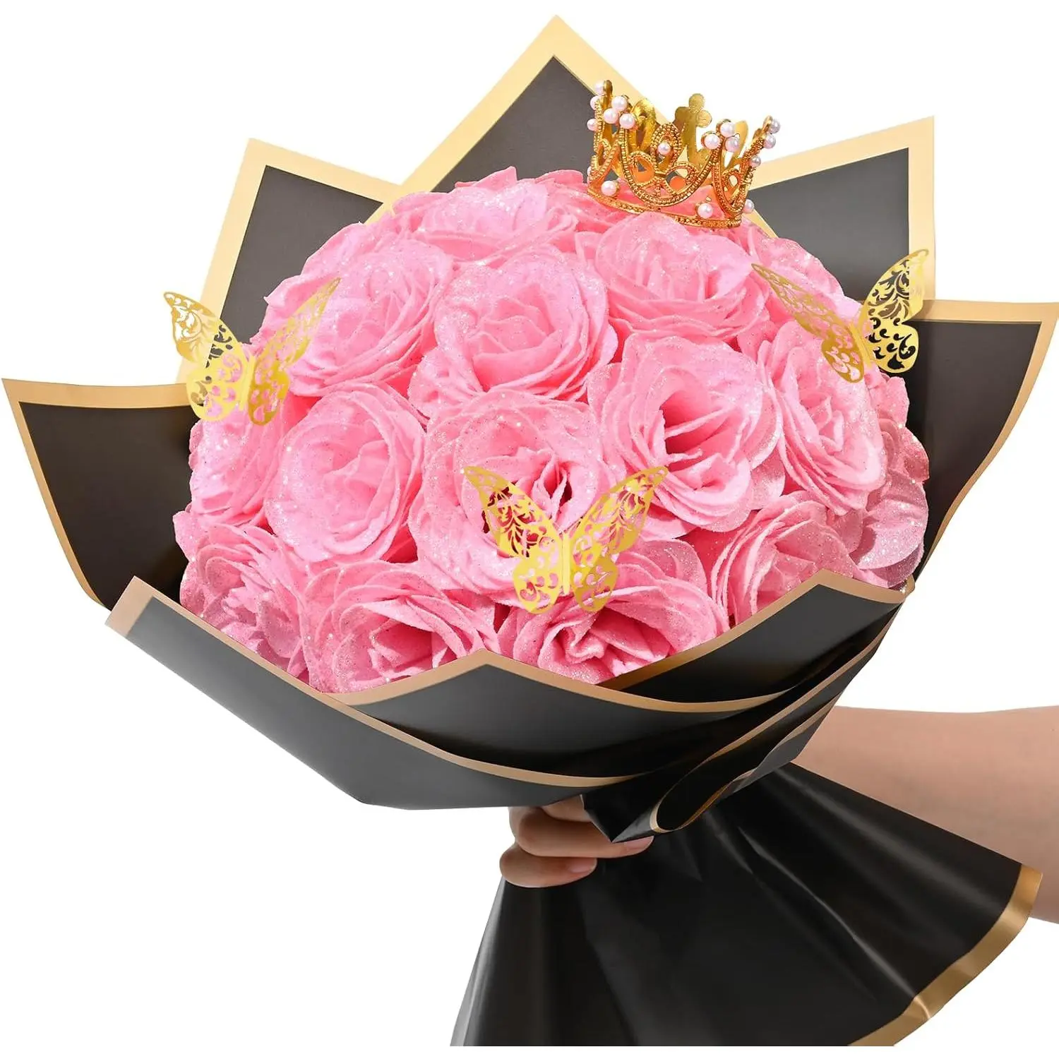Glitter Roses Bouquet, DIY   Bouquet, Everlasting Shiny Artificial Rose Bouquet for Valentine's Day, Anniversary, Engagement, Wedding, 24 Roses