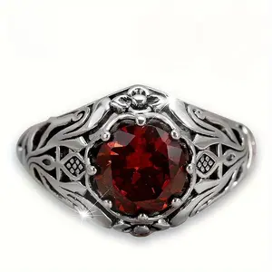 EJG 925 Sterling Silver Red Zircon Women's Ring, Bohemian Vintage Openwork Floral Jewelry, Perfect for Everyday Wear, Parties, Holidays, Romantic and Stylish Gifts, Affordable and Exquisite Jewelry