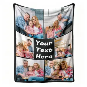 Custom 6 Photo Blanket Flannel Throw, Personalized Your Text Here Center Collage Pattern Soft Warm Cozy Nap Blanket for Couch Bed Sofa, Customized Memory Gift for Family Couple Best Friend, Birthday Christmas Anniversary Mother's Day Holiday Gift