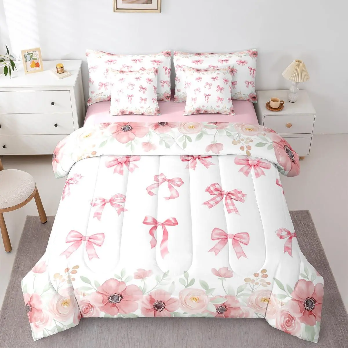 Kawaii Pink Bowknot Bed in A Bag | Flower Bow Decorations Bedding Set Preppy Coquette Bows Comforter Sets with Sheets,7 Pieces Romance Bed Set Bedroom Decor