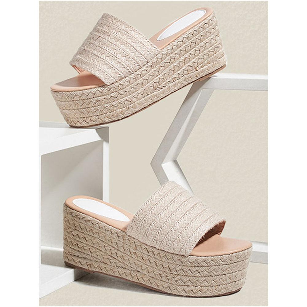 CELNEPHO Womens Platform Sandals Round Open Toe Espadrille Flatform Mules Easy Slip-On Sandals Casual Beach Straw Raffia Daily Wear Fashion Dress Shoes