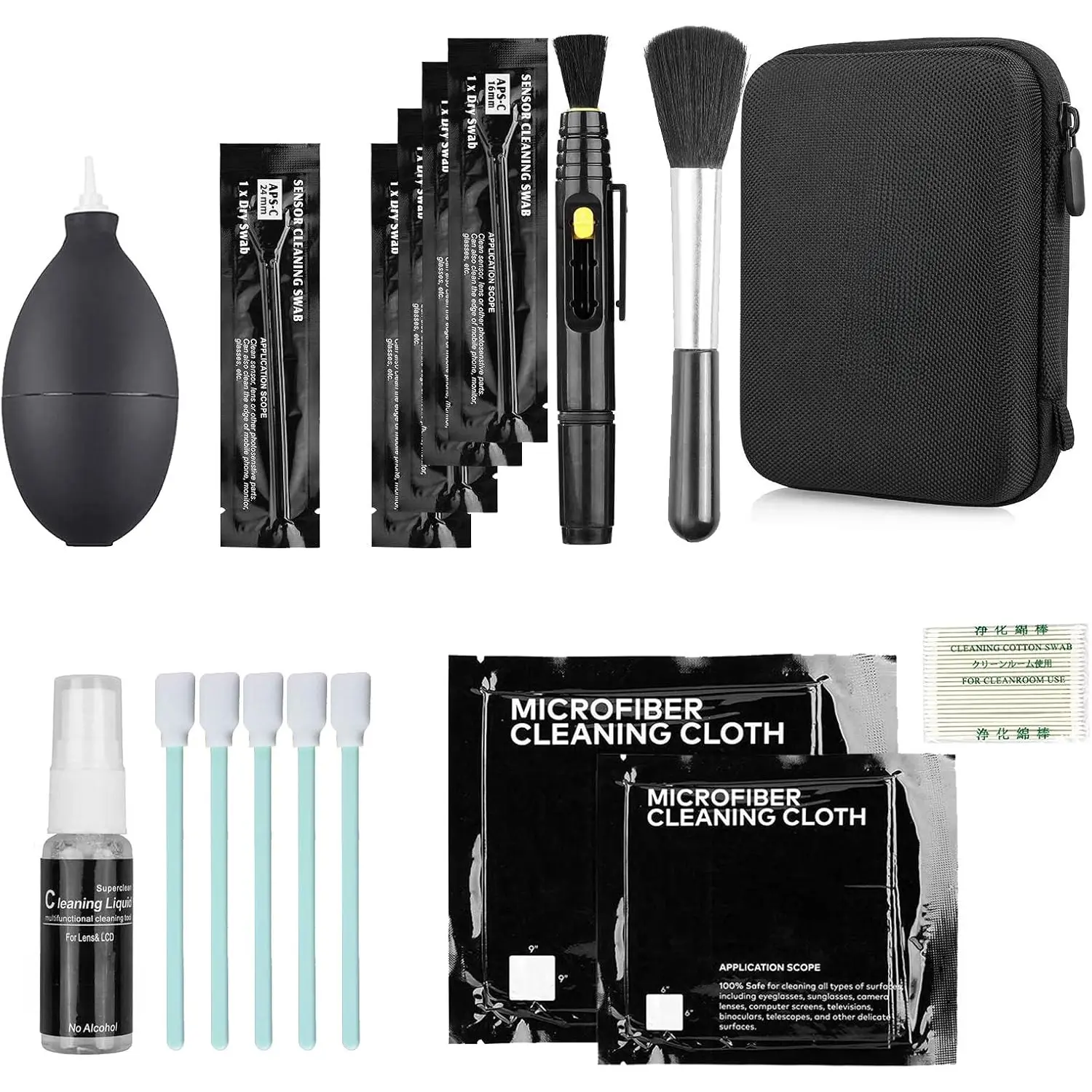 Professional DSLR Camera Cleaning Kit with APS-C Cleaning Swabs, Microfiber Cloths, Camera Cleaning Pen, for Camera Lens, Optical Lens and Digital SLR Cameras.