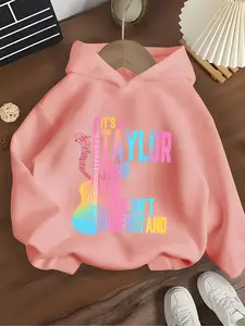 Girls' Hooded Sweatshirt Taylor Music Style, Rainbow Guitar Letter Print, Comfortable Fabric, Casual Spring & Fall Wear, Graphic Casual Hoodie