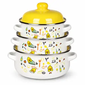 3 Piece Enamel Stock Pot Set 1L/1.5L/2.2L, Non‑Toxic Handcrafted Cookware, Multi‑Size Cute Cartoon Floral Pastel Cooking Pots, Heat Resistant Double Handles, Easy Clean Enamelware, Kitchen Essentials for Soup Stew Porridge Baby Food Family Cooking gift