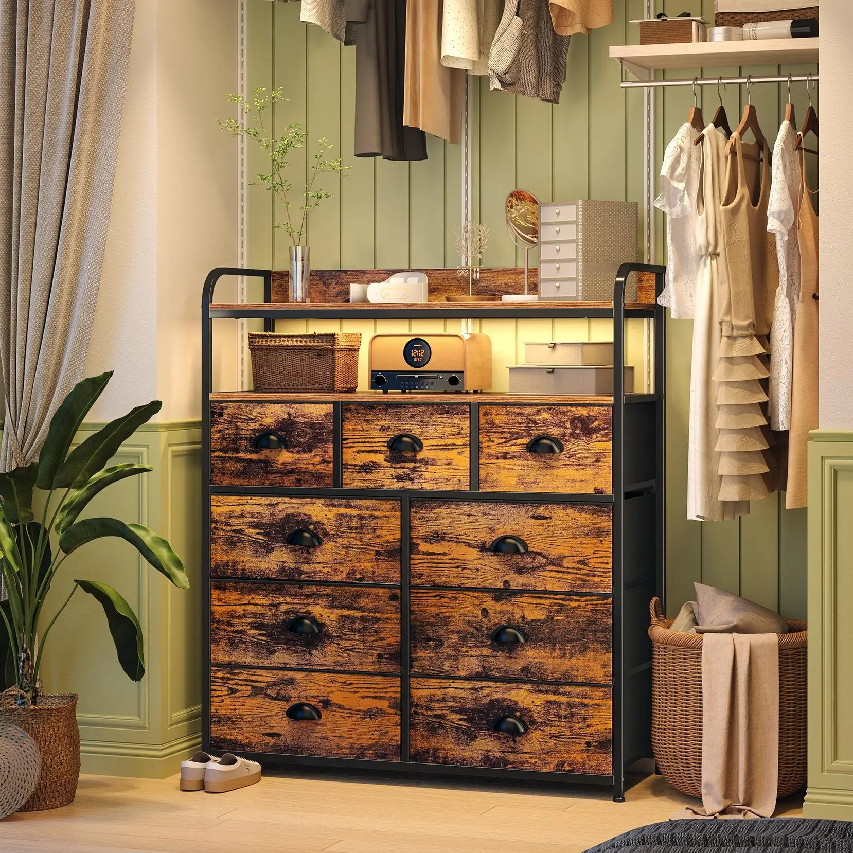 RaybeeFurniture Tall Viral Fabric Dresser with 9 Drawer Dresser for Closet with Wood Top, Chest of Drawers for Nursery Living Room, Entryway, Bedroom