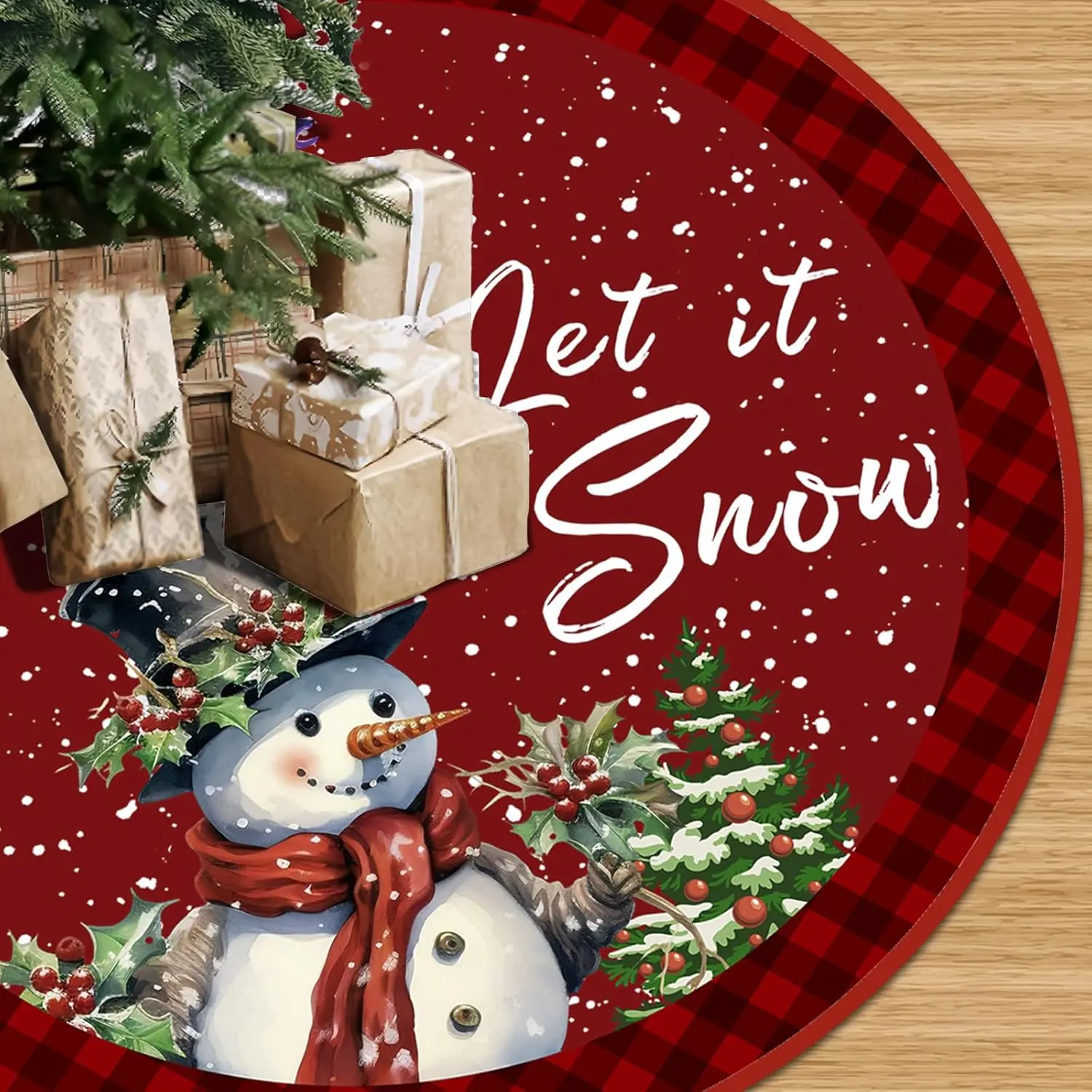 Christmas Tree Skirt 48 Inch Red Rustic Snowman Xmas Tree Skirts Mat with Snowflake Design for Merry Christmas Xmas Holiday Party Decorations Indoor Outdoor  Decor