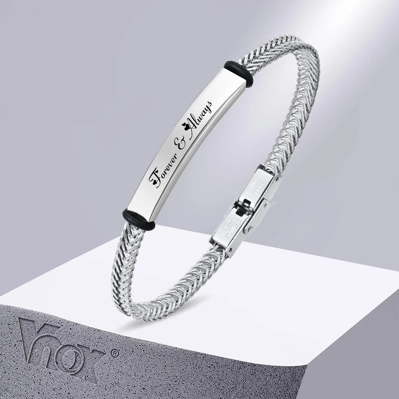 Vnox Personalized Bracelets for Men Women, Customize 5.2mm Unisex Bangle with Franco Foxtail Chain, Gift for Him