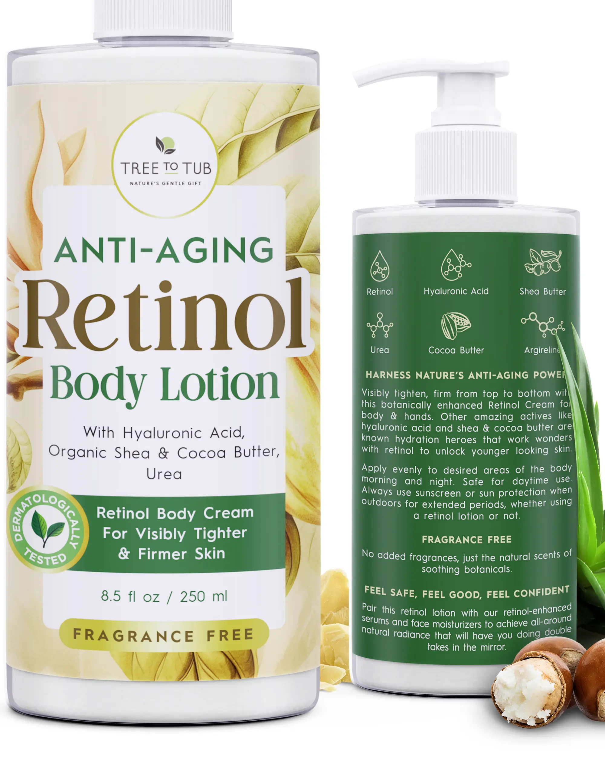 Tree to Tub Retinol Body Lotion - Hydrating Retinol Body Cream, Retinol Advanced Firming Cream w/Hyaluronic Acid & Shea Butter, Fragrance-Free Body Lotion for Crepey Skin for Older Women & Men