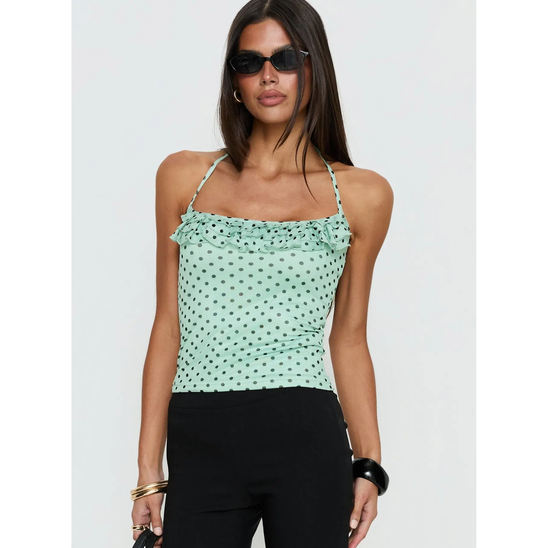 Days Of Summer Ruffle Top Mint Polka