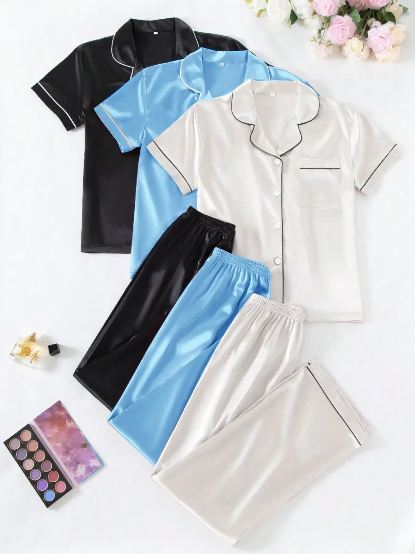 6 Piece Women's Solid Color Contrast Tie Pajama Set Short Sleeve Button Down Collar Shirt & Pants Summer Comfort Pajamas Loungewear Machine Washable Basic Minimalist Homewear Buy one Get Three Pjs Set