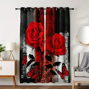 Romantic Rose Print Curtain Set, Window Drapes, Elegant Polyester Fabric, Suitable for Bedroom and Living Room, Durable Daily Use