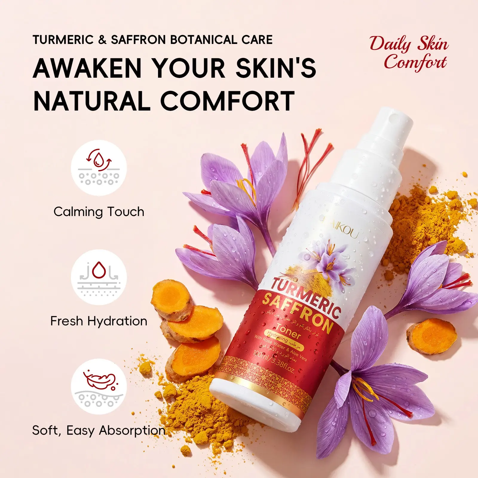 Turmeric Saffron Facial Toner, Hydrating Moisturizing Face Mist, 100ML Bottle, Brighten Skin Tone, All-Day Use, Skincare Essential