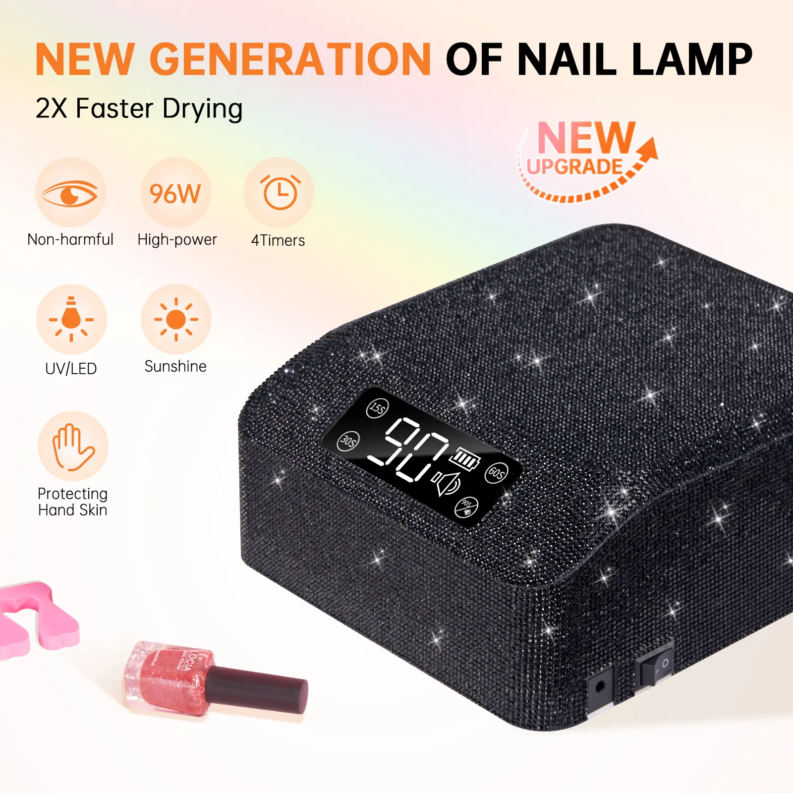 CHRISTINE SHELLY 96W UV LED Nail Lamp, Professional Nail Dryer with Sparkly Black Diamond Finish, 4 Timers & Auto Sensor for Gel Polish (Not Wireless), Nail Care, Black Diamond (Not Wireless/Battery-Free)