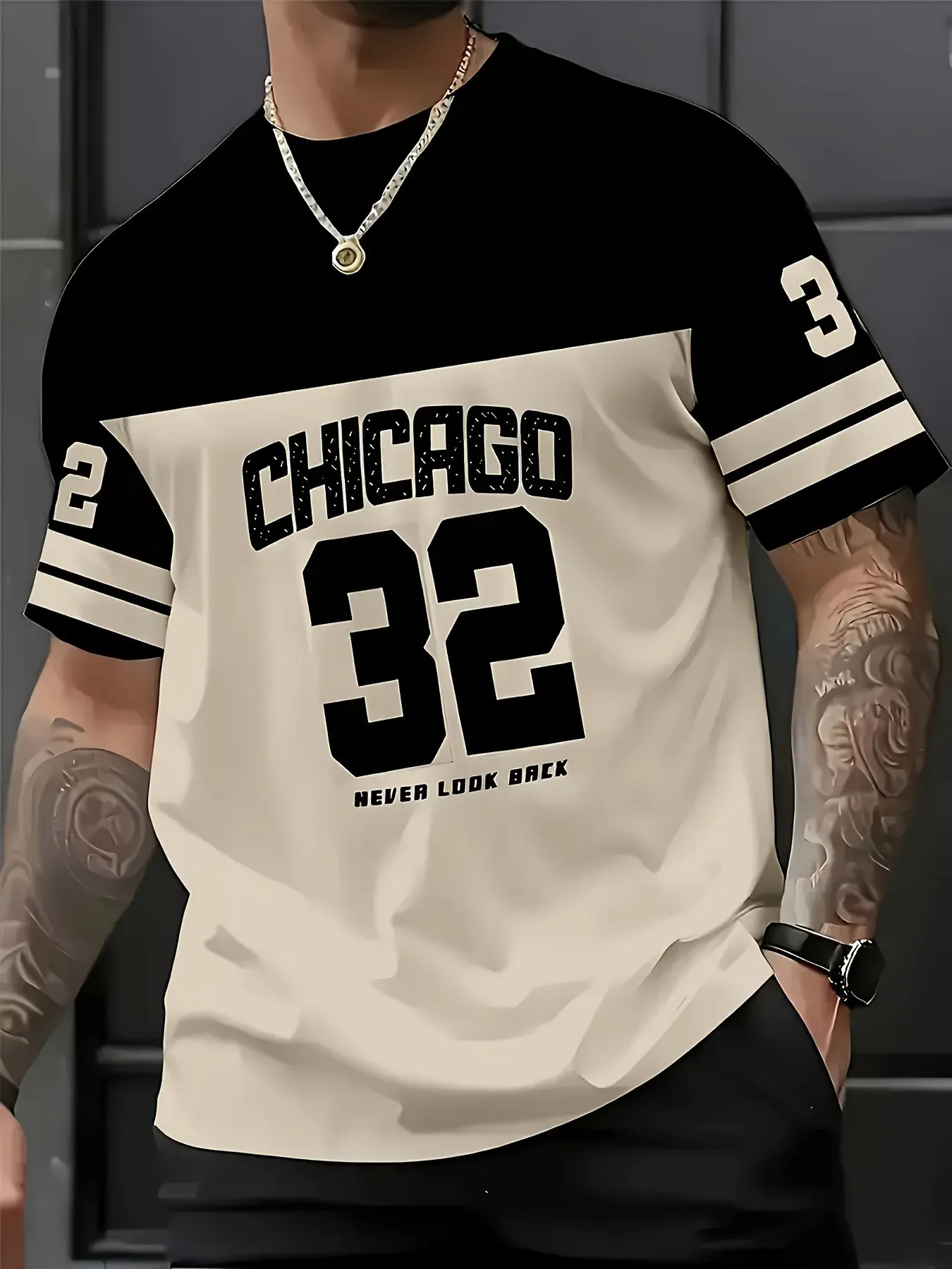 Chicago City Style Men's Short Sleeve T-Shirt, Streetwear, 32 Number Print Casual Top, Graphic Fitted Long Shirt, All Seasons Wear
