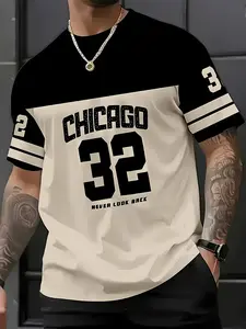 Chicago City Style Men's Short Sleeve T-Shirt, Streetwear, 32 Number Print Casual Top, Graphic Fitted Long Shirt, All Seasons Wear