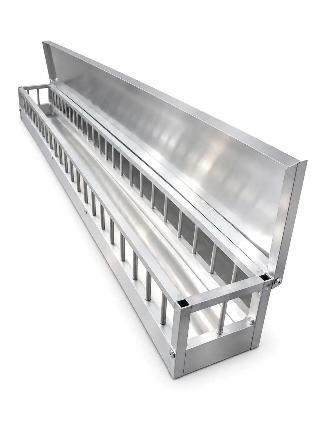 Aluminum Racing Pigeon Feeder – Long Metal Feeding Trough with Protective Bars and Hinged Cover